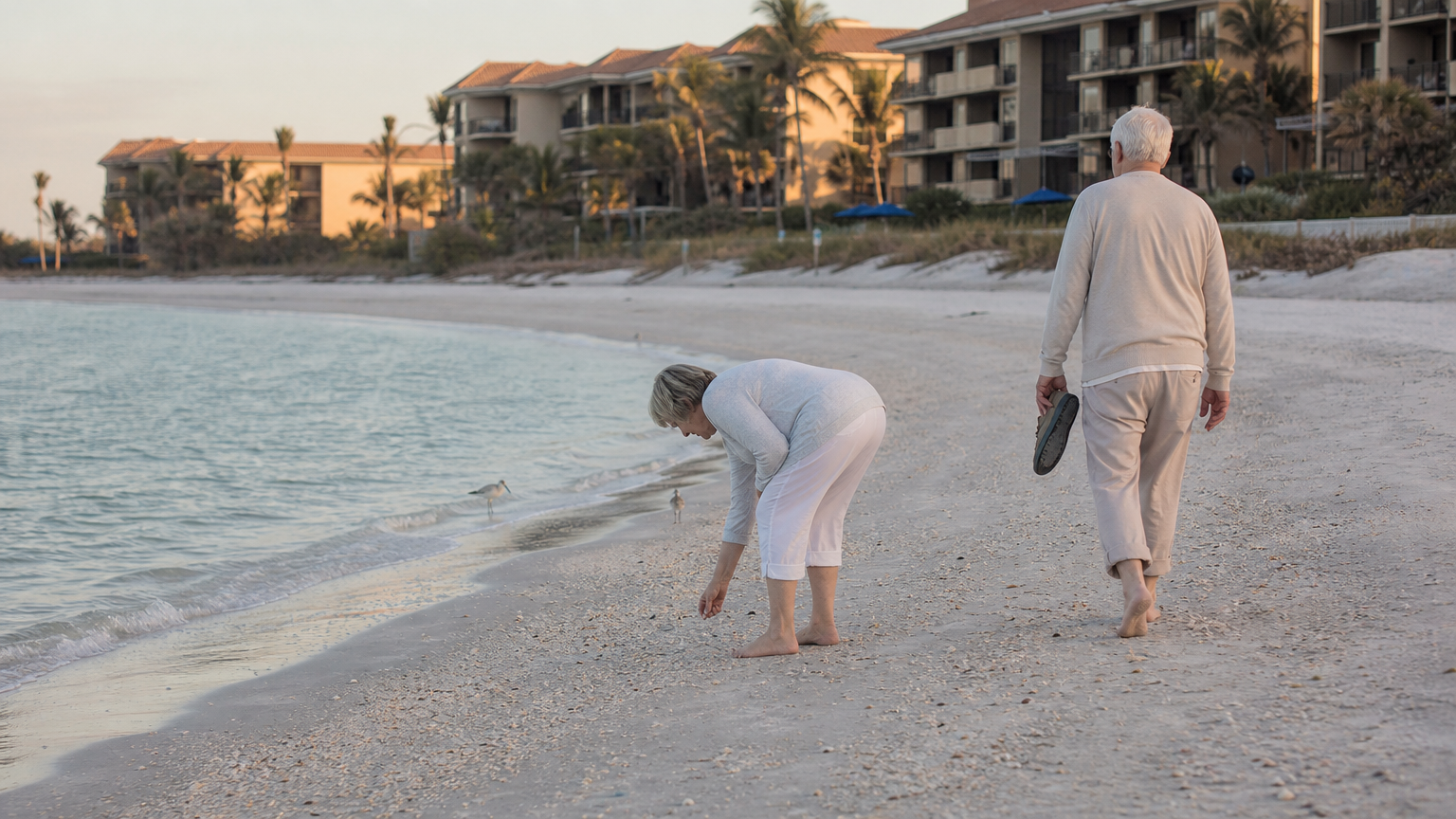 Couple walks barefoot along the Gulf shore near Sand Cay Beach Resort on Longboat Key, picking up shells.